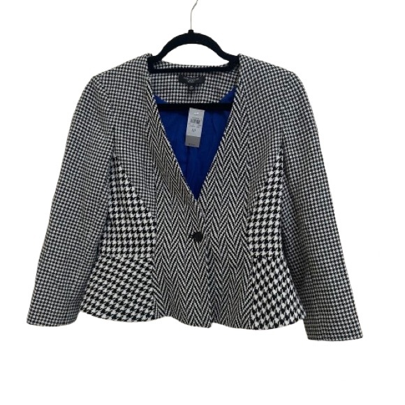Ann Taylor Jacket Womens Black Wool Blend Blazer Houndstooth Check size 8 Petite - Picture 5 of 11
